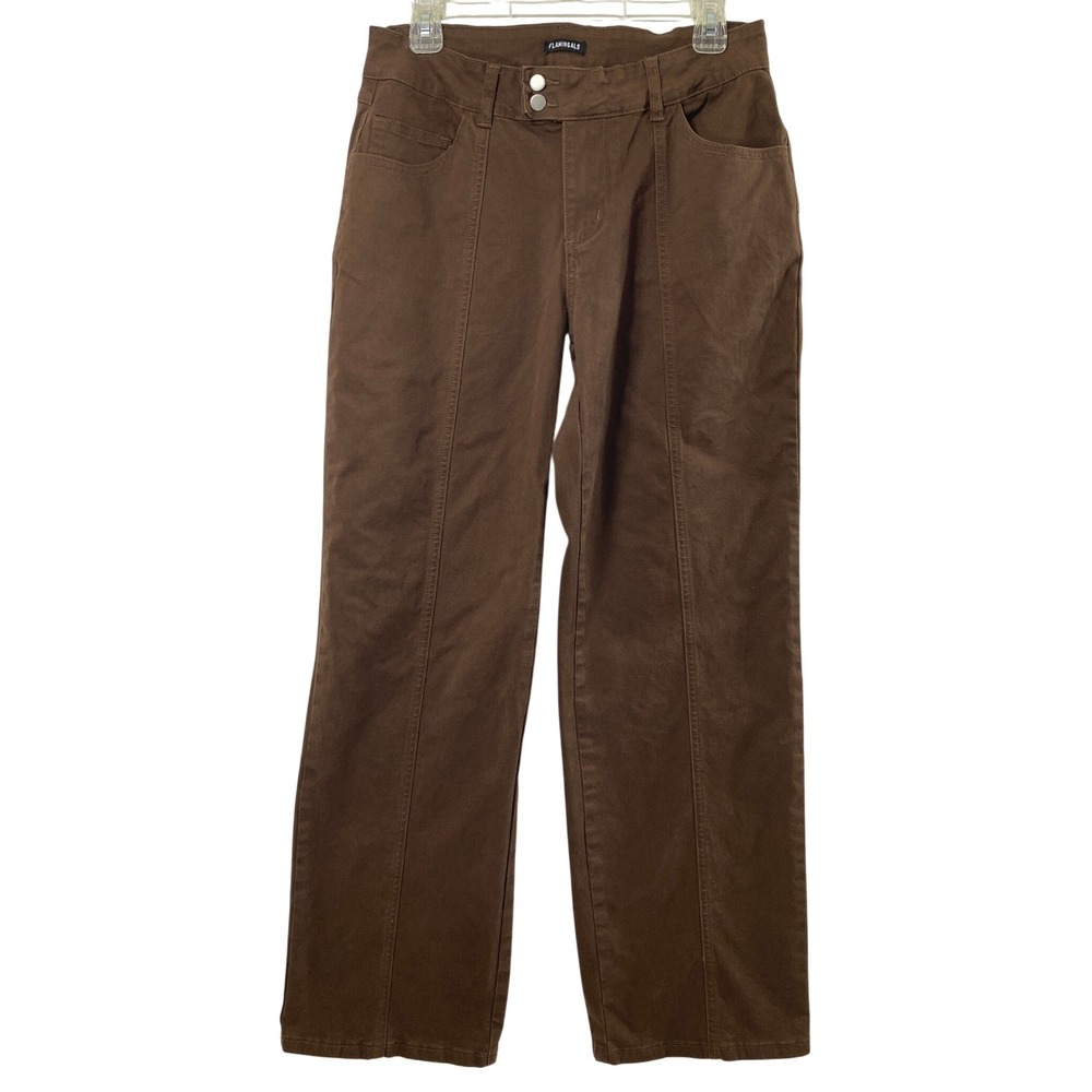 Flamingals Chocolate Brown Pants Women Large Wide Leg Seam Front Utility Casual